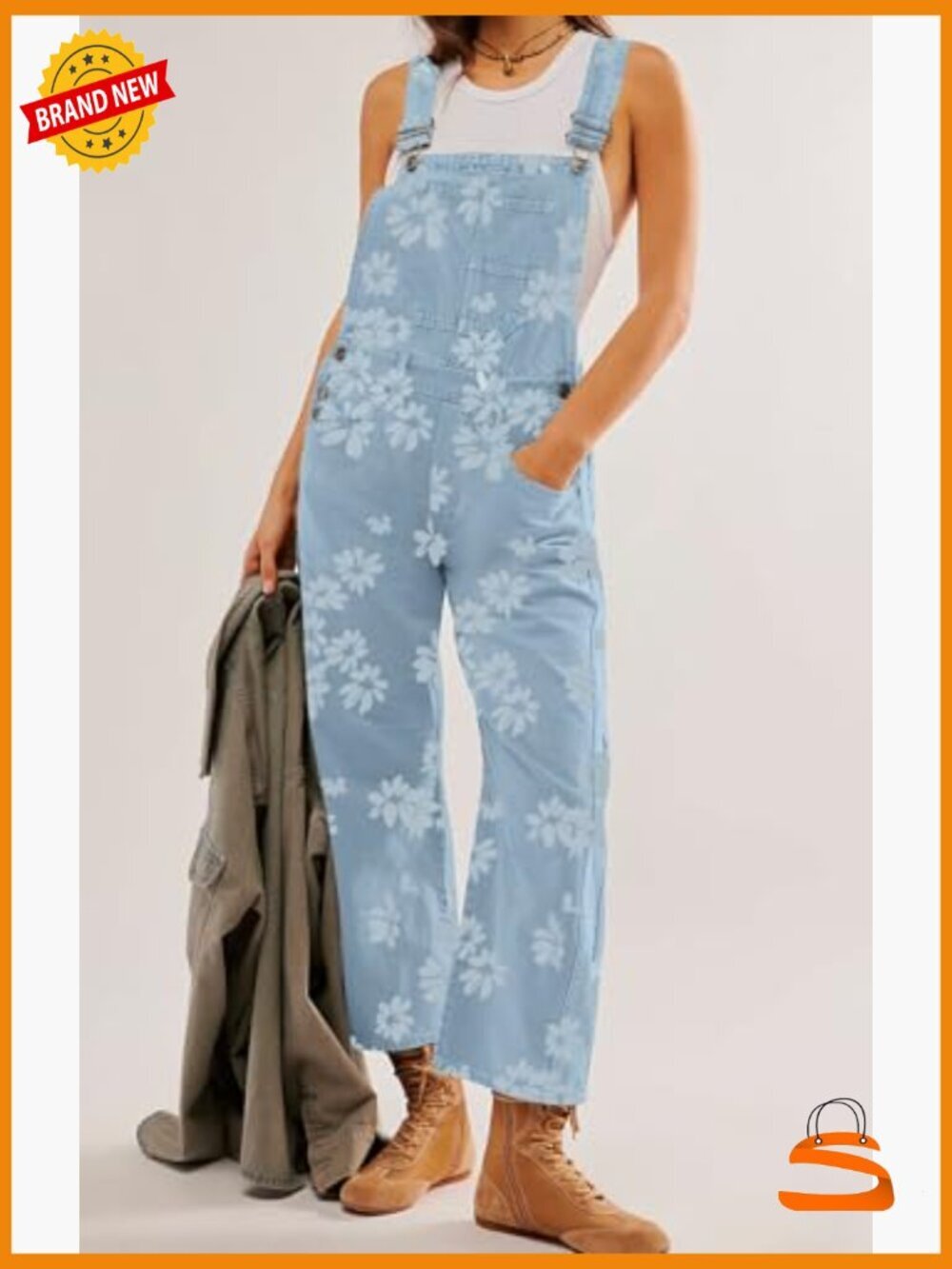 Floral Print Denim Overalls Baggy Barrel Jeans Y2K Wide Leg Jumpsuit One Piece - Picture 6 of 7